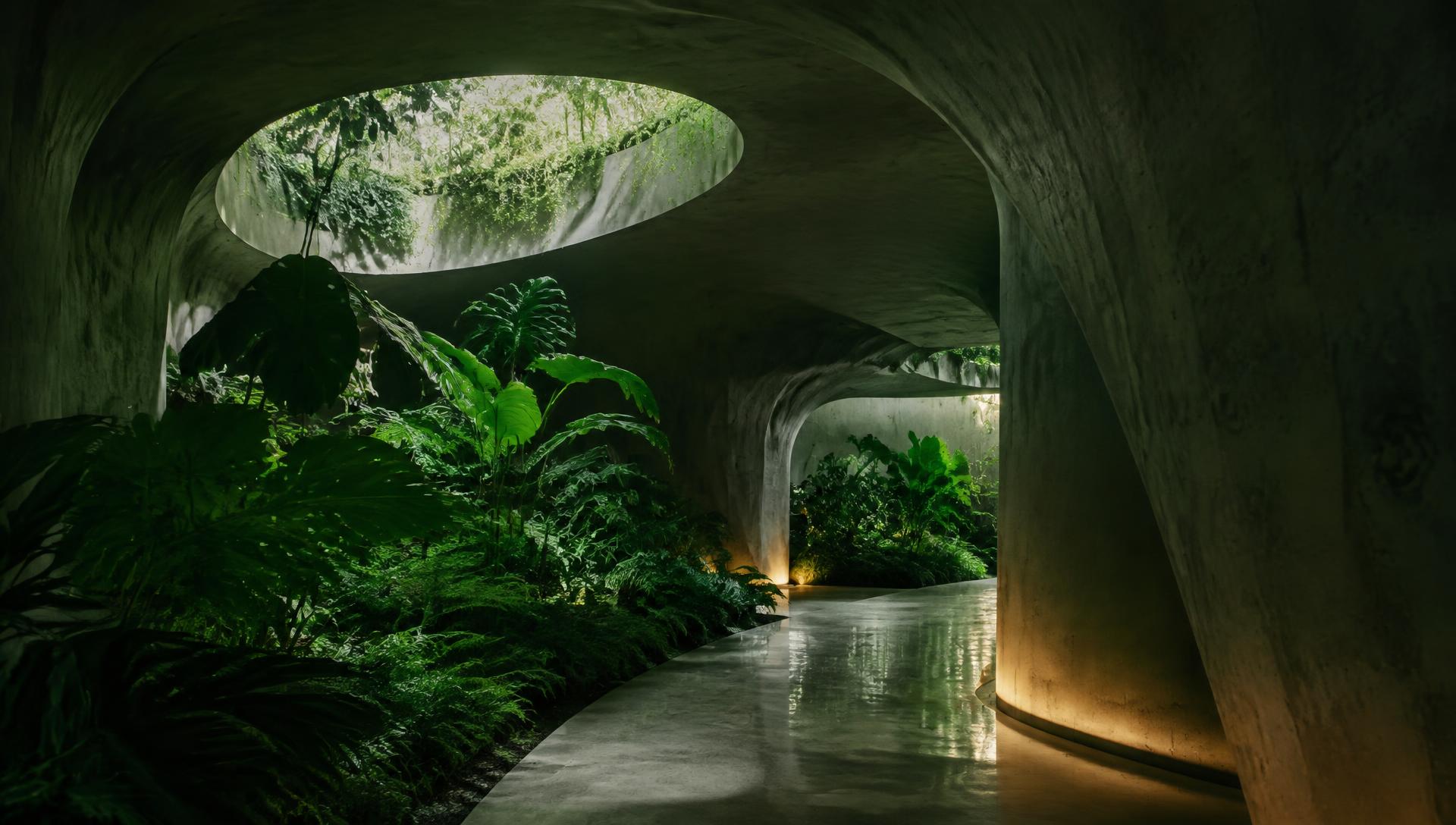 Curved concrete corridor overgrown with ferns
