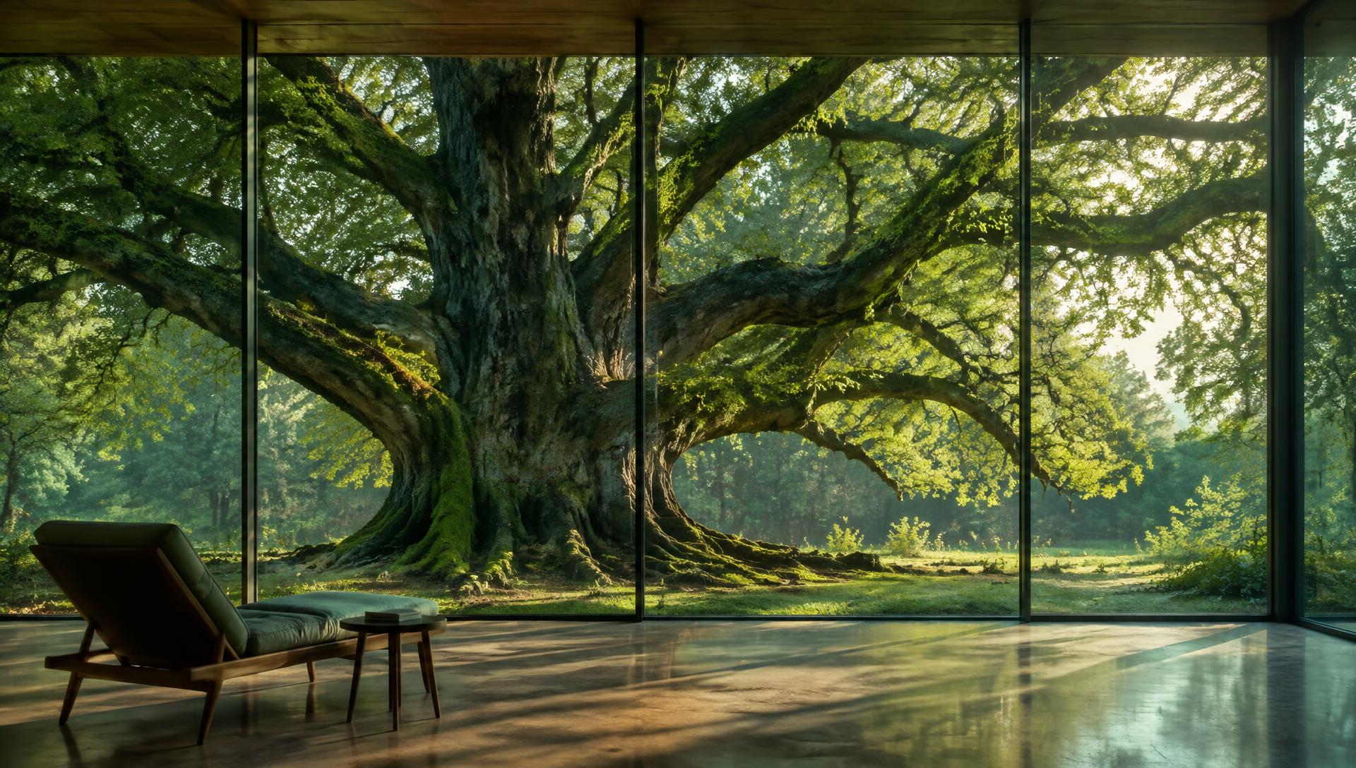 Ancient oak seen through a glass pavilion